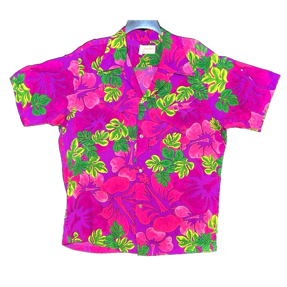 Vintage Pomare Hawaiian Aloha Barkcloth Shirt Mens L Neon Floral Button Boxy 60s
